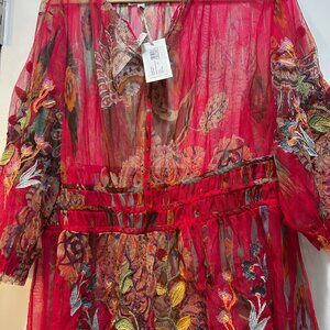 Johnny Was Sheer Mesh Embroidered Top Pink XL NWT